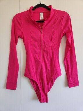 Good American Hot Pink Scuba Long Sleeve Front Zip One Piece Swimsuit M